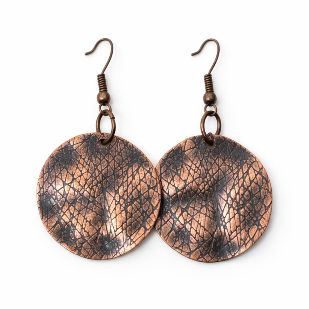 Solid Copper Textured Disc Dangle Earrings Boho R… - image 5